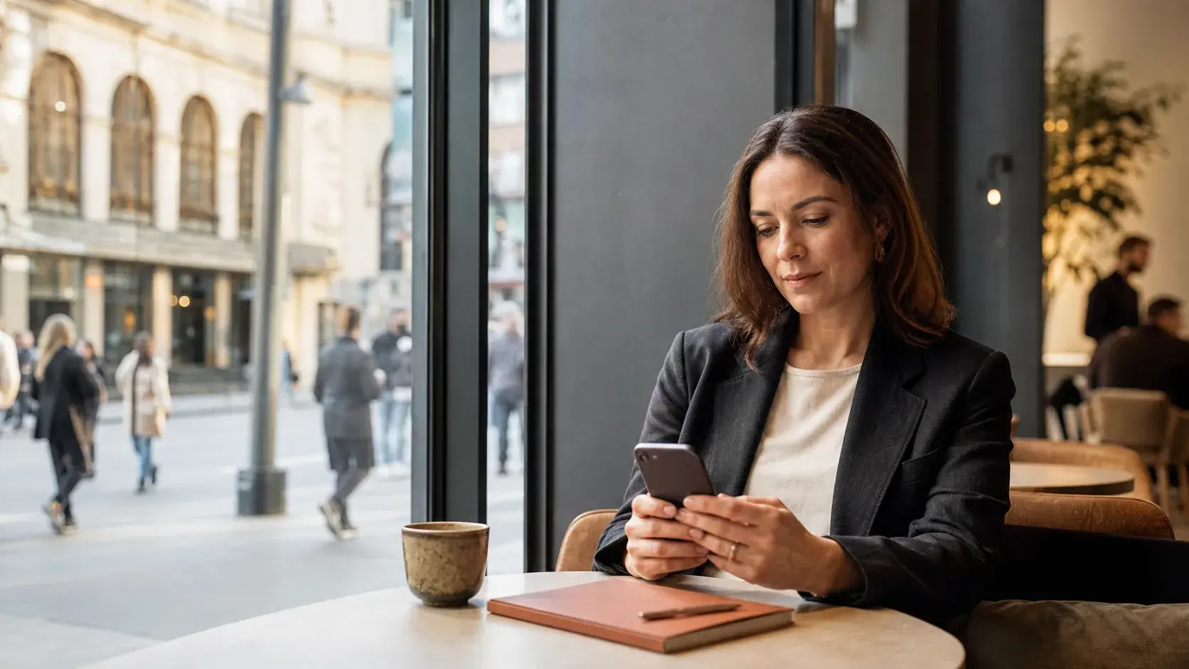 A member checking her account from a city café